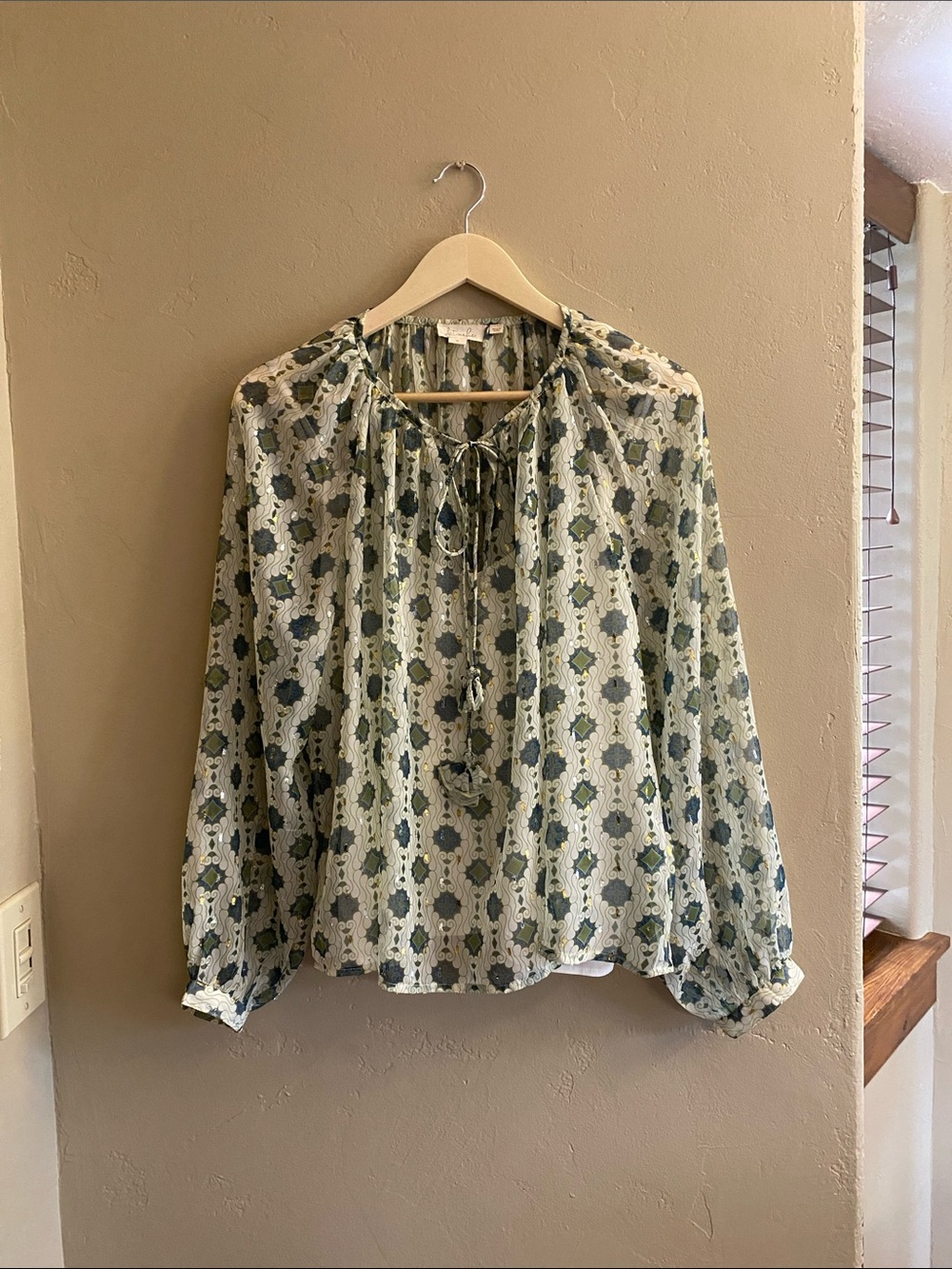 Anthropologie Leaf Green Printed Tie-Neck Blouse